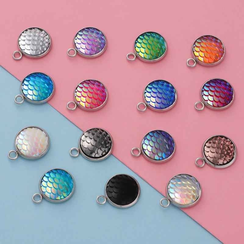 Fnixtar Stainless Steel Mermaid Scale Charms For Jewelry   12colors  12mm 12pcs/lot