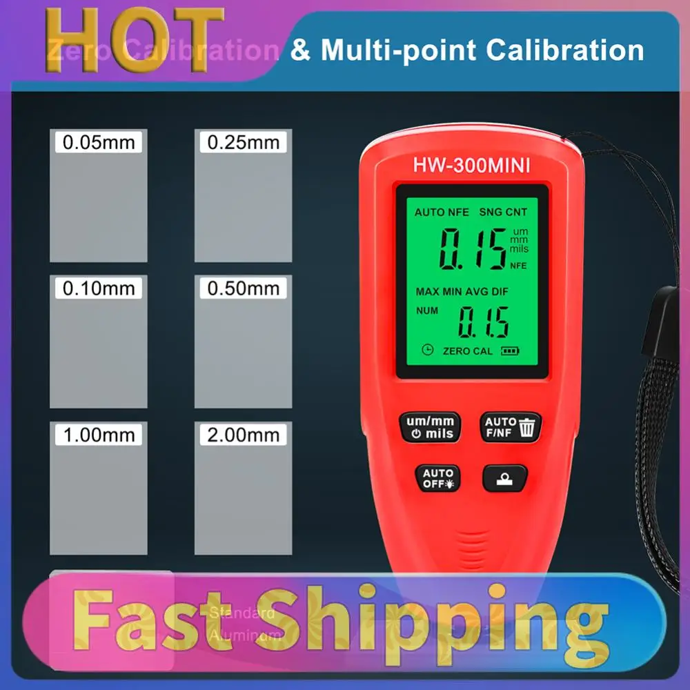 

HW-300MINI Coating Thickness Gauge 0-2000UM Car Paint Film Tester Digital Auto Paint Gauge Meter Portable for Cars Auto Vehicle