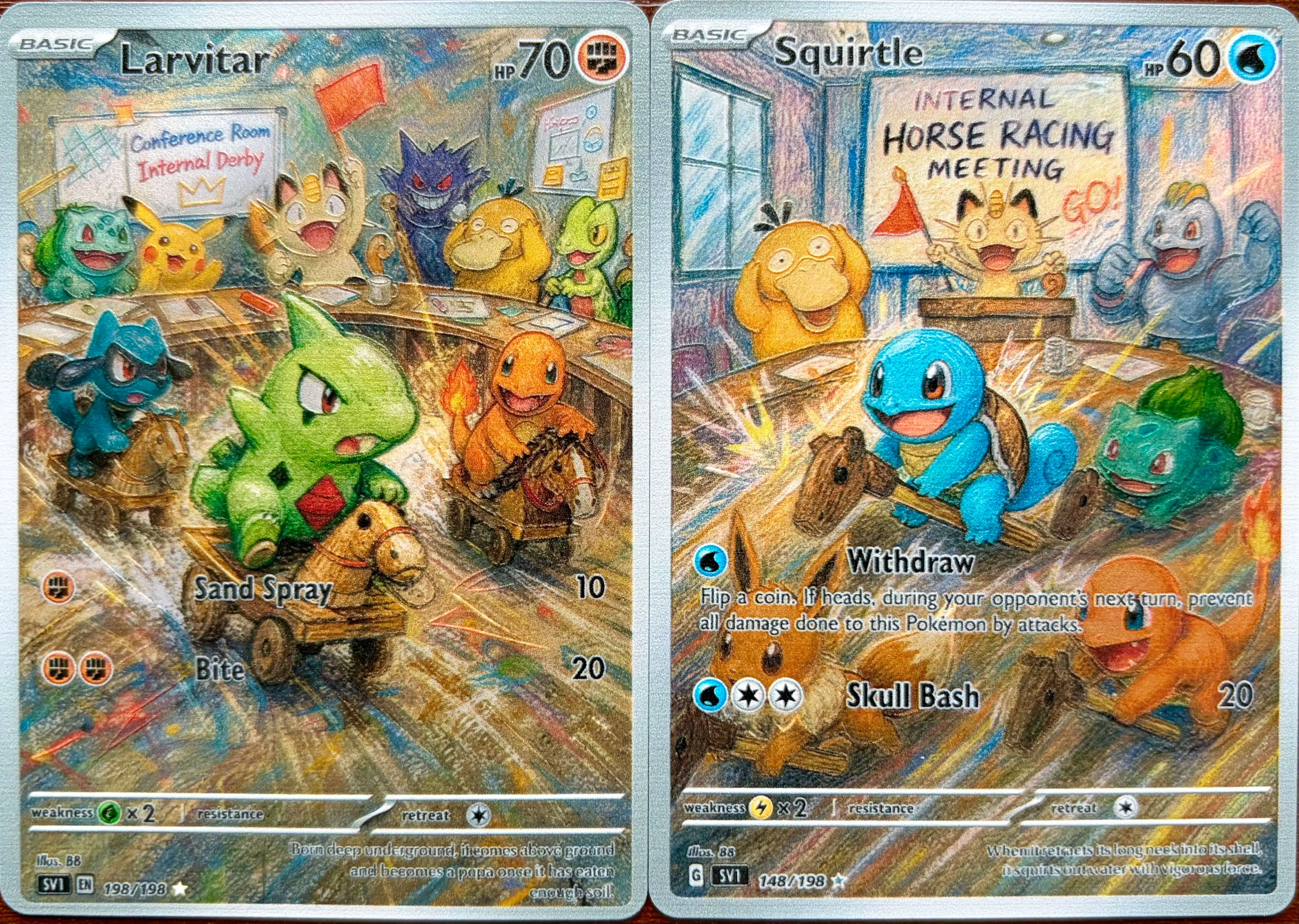 5Pcs PTCG Cards Pangoro Raboot Psyduck Larvitar Squirtle Crayon Series PTCG Collection Cards Holo Cards Anime Toys PTCG Gi