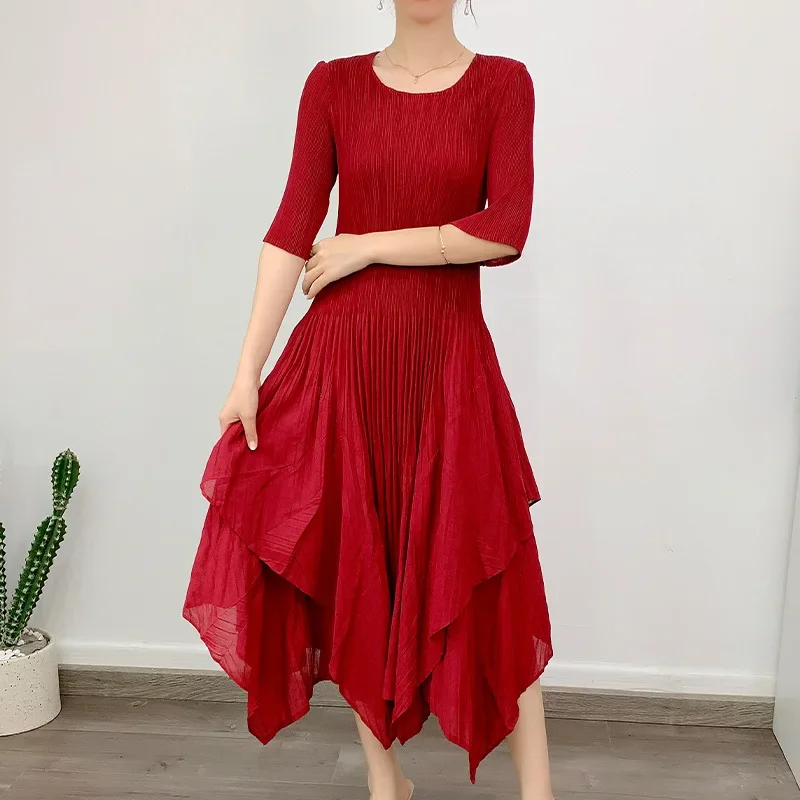 Miyake Office Lady Pleated Dress O-neck Loose Three Quarter Sleeve 2023 Summer Female Solid Color Elegant Evening Dresses