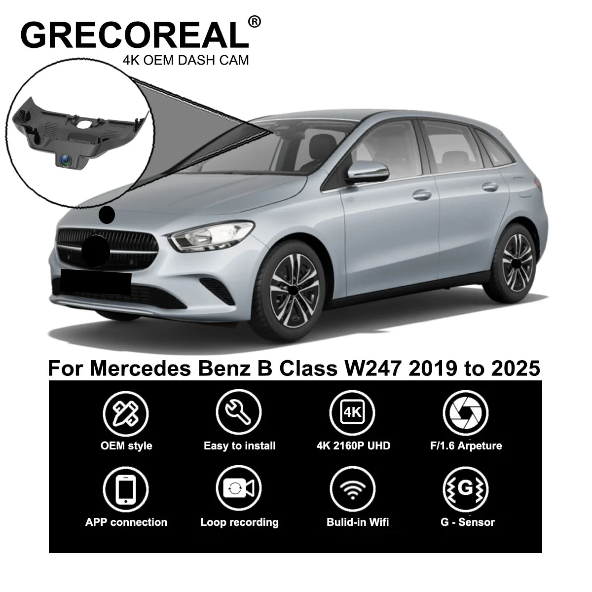 

GRECOREAL 4K Dash Cam Front Rear 2160P WiFi Car Dual Dashcam APP Control Plug Play Compatible with Mercedes Benz B Class W247