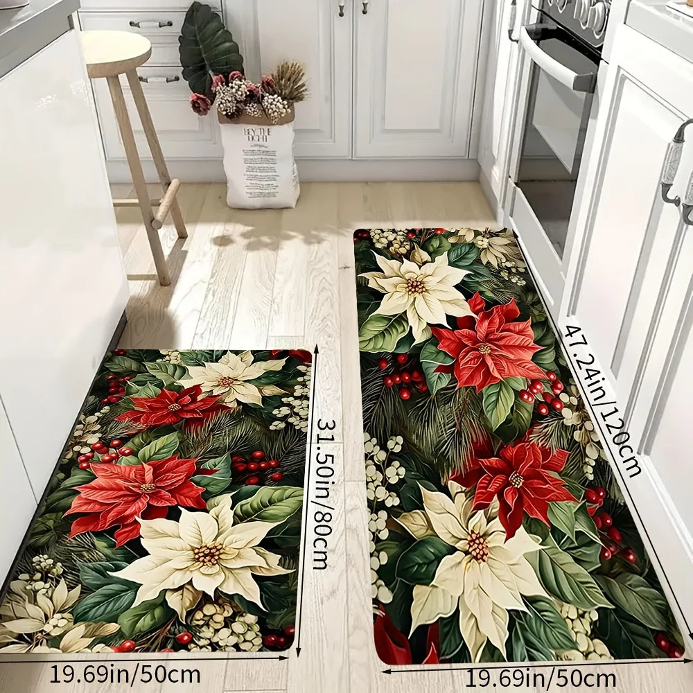 VIKAMA Set Christmas Kitchen Mats Non Slip Washable Poinsettia Berry Pine Runners for Xmas Holiday Indoor Home Decor
