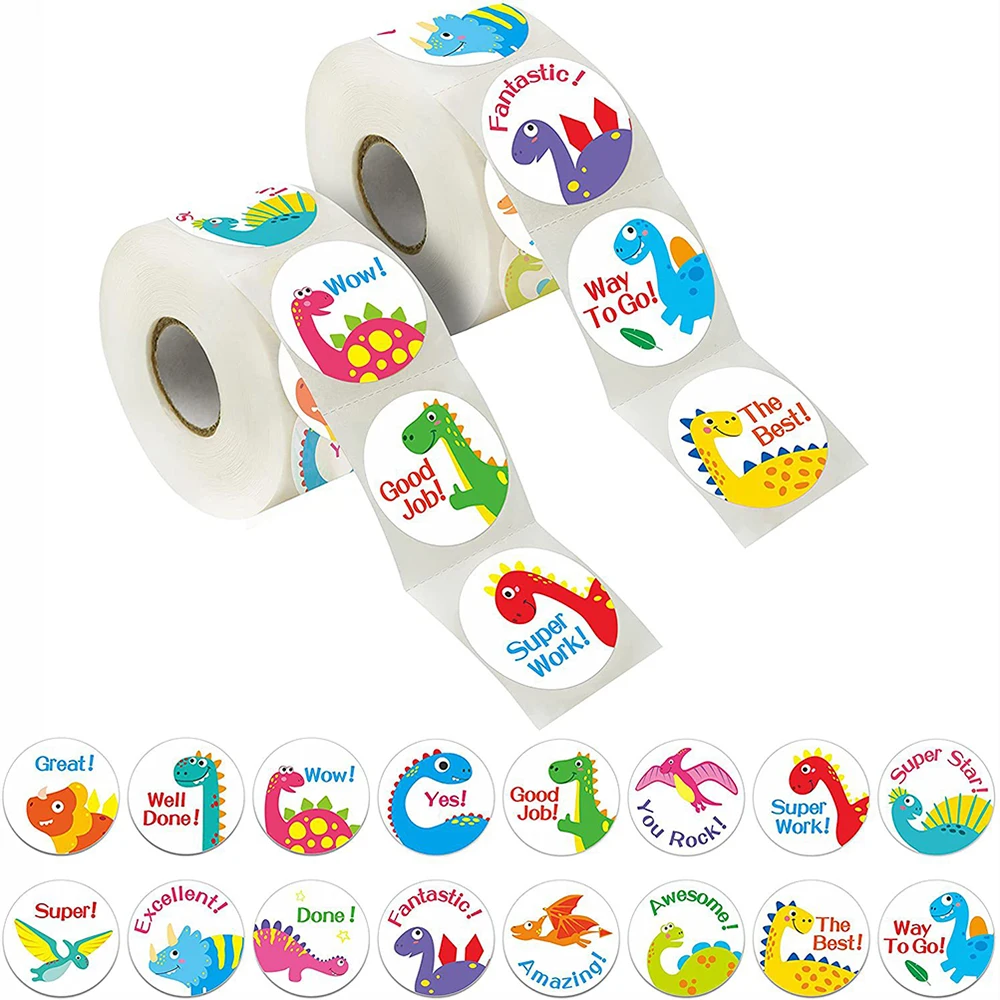 Autocollants dinosaures ronds 1 pouce, 50 à 500 pièces, autocollants de récompense pour enfants, fournitures scolaires, stimulation animale