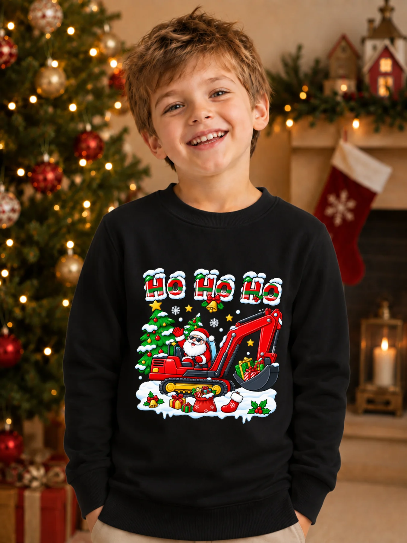 Kids Boys Christmas Sweatshirt Santa Excavator Ho Ho Ho Print Round Neck Long Sleeve Pullover Autumn Winter Xmas Boys Tops