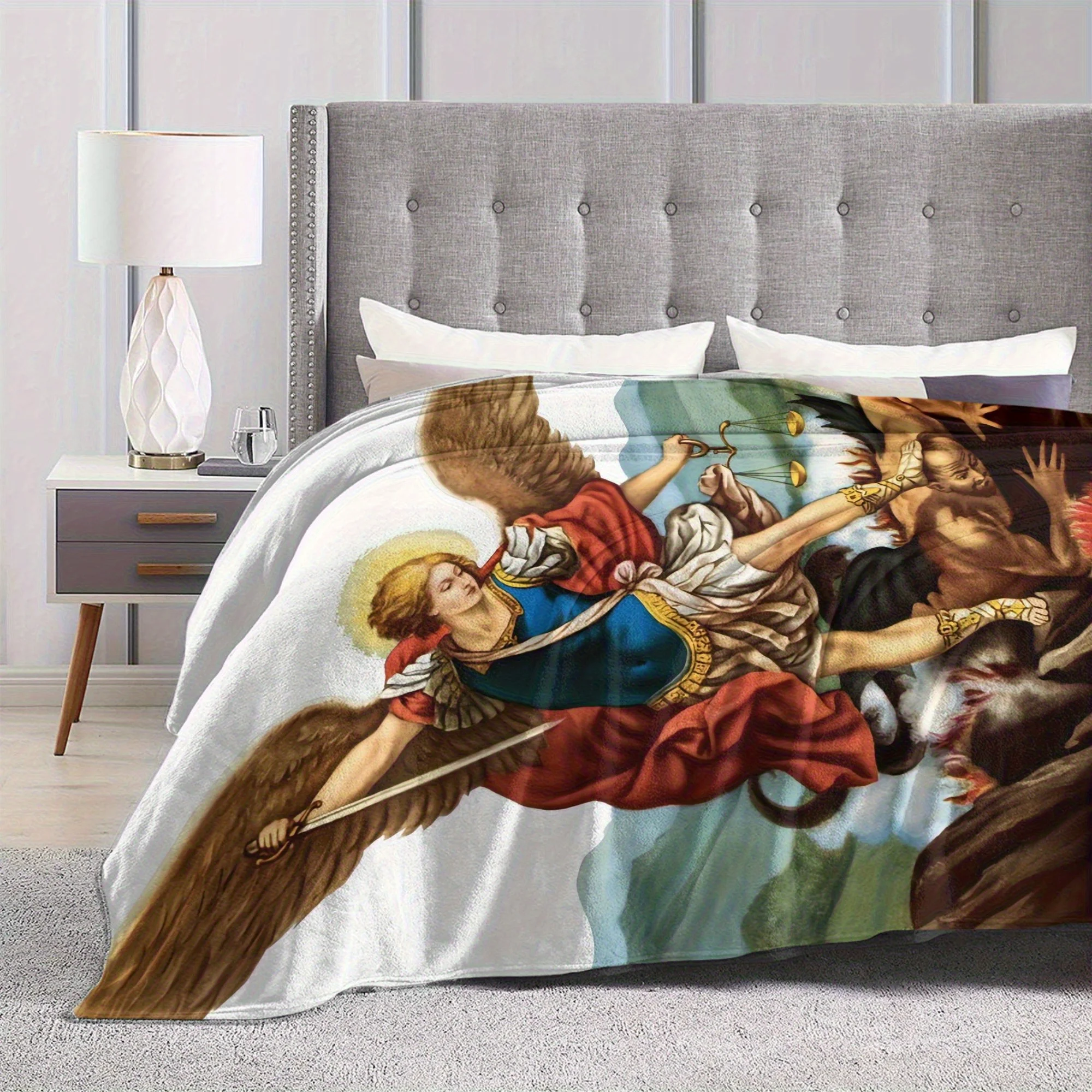 Customize St. Michael the Archangel Fleece Blanket - Ultra-Soft 100% Polyester, Vibrant Digital Print Religious Art, Lightweight