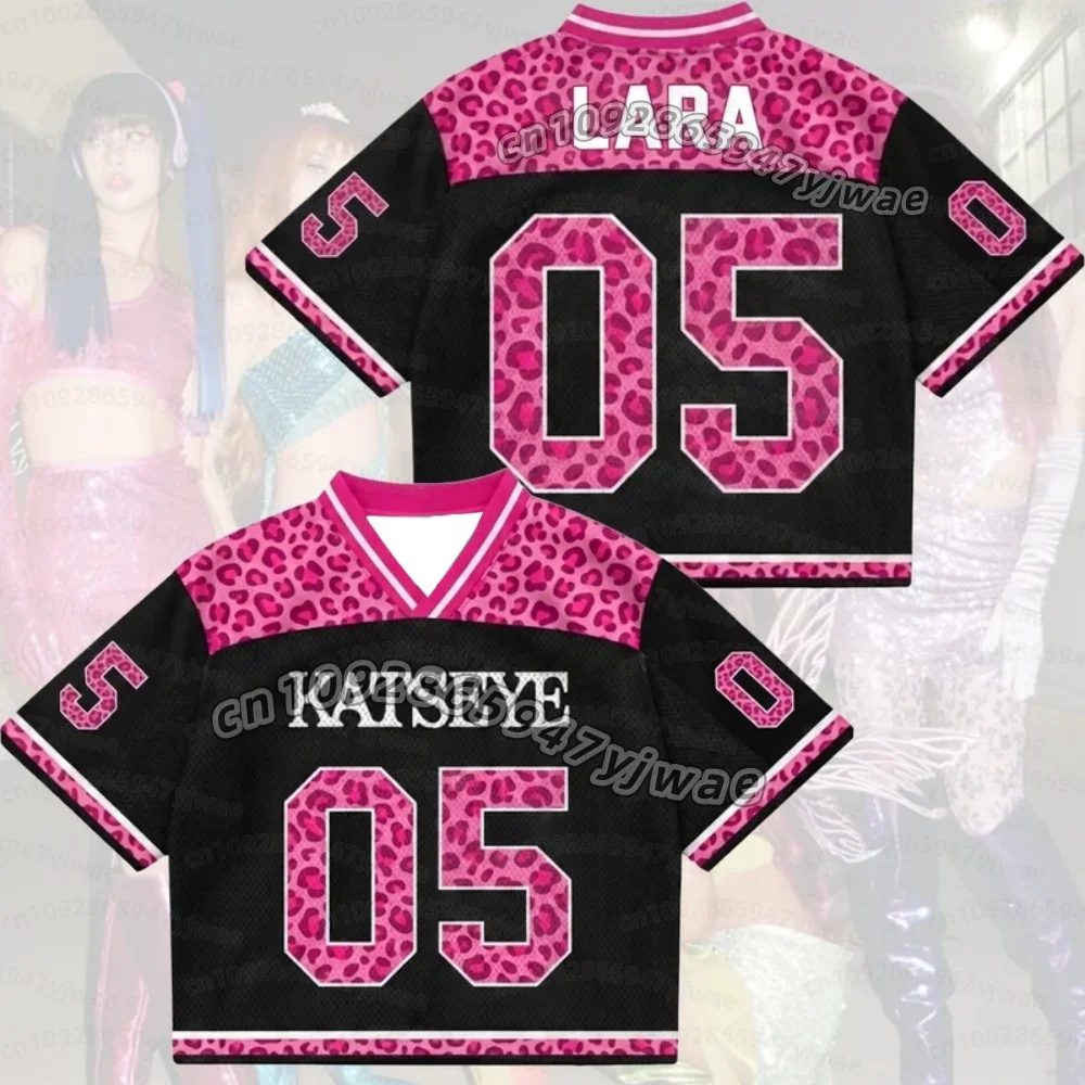 2026 Men Women Pinky Leopard KATSEYE Mesh Jersey The Wildworld Tour Gift for Fan T-shirt V-neck Short Sleeve Women name tag Tees