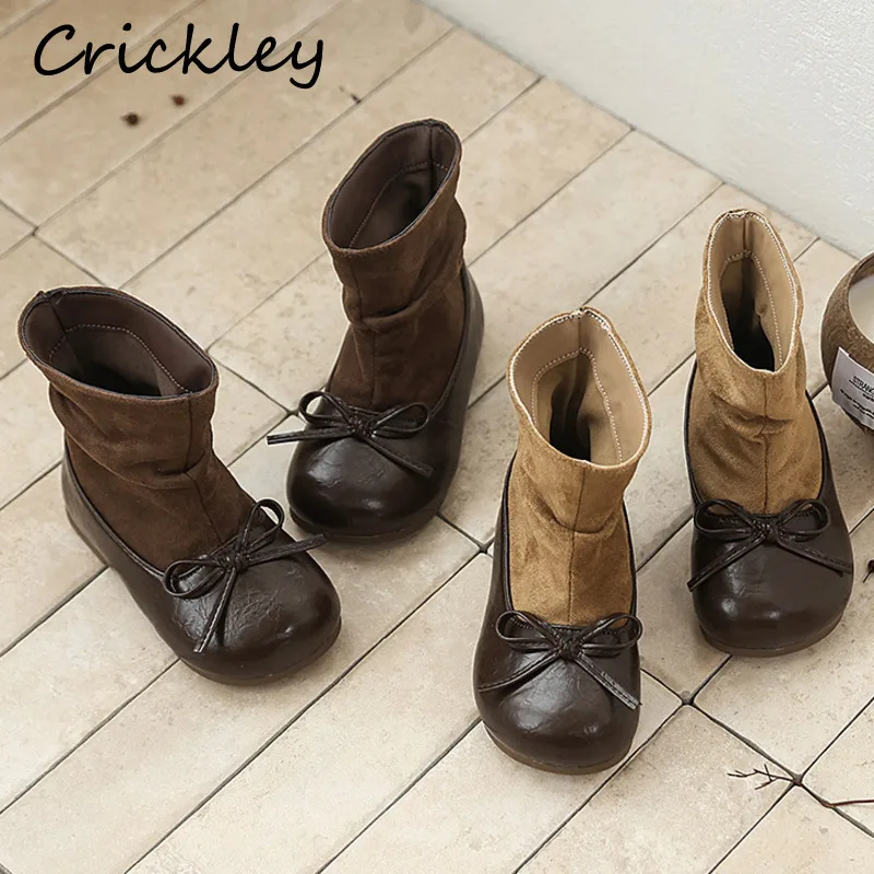 Bow Patchwork Girls Fashion Boots PU Suede Pleated Children Ankle Shoes Princess Soft Bottom Slip On Kids Boots