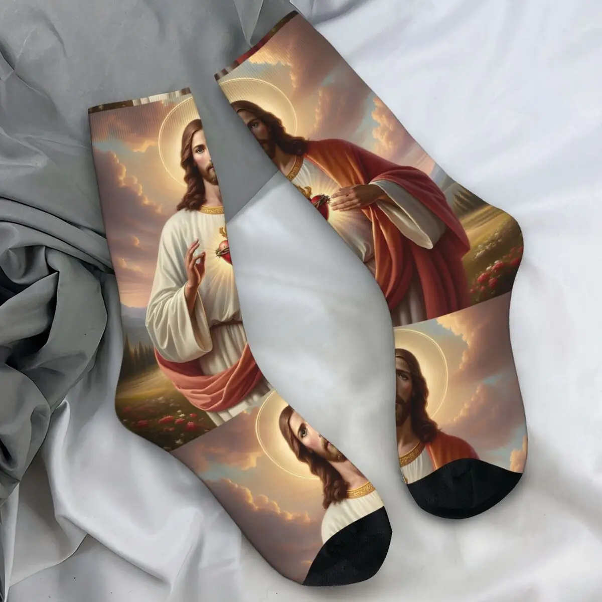 

Носки женские/мужские, религиозные чулки с изображением Священного Сердца Иисуса, весенние повседневные, Нескользящие, с графическим принтом, для велоспорта