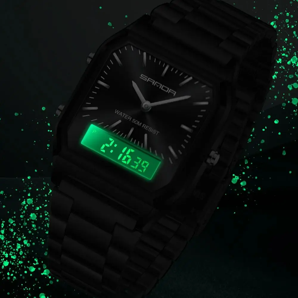 SANDA 747 Dual Display Clock Unisex Waterproof Sports Quartz Watch Luxury Mens Style Watches Stainless Steel Women LED Digital