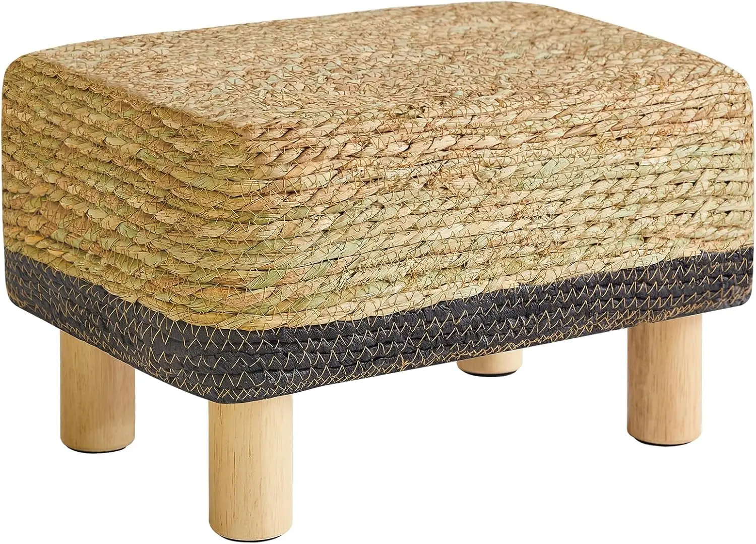 

Foot Stool Rectangular Footrest Natural Seagrass Hand Weave Pouf Ottoman With Wooden Legs, Multifunctional Modern Dressing