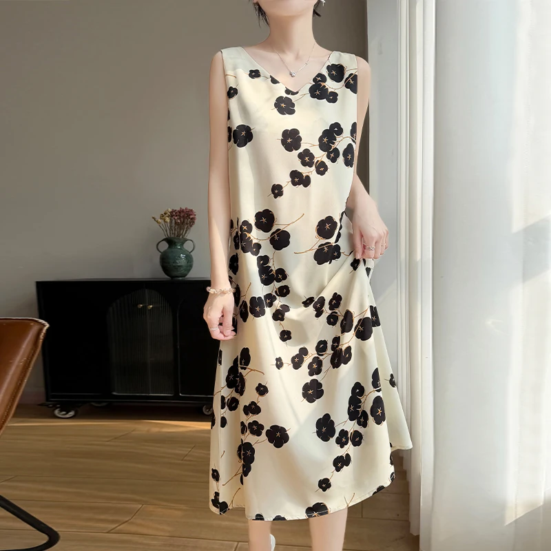 

Silky Satin French Casual Midi Length Sleeveless Wide Shoulder Strap plus Size Floral Print Dress Summer 2026 Polyester Fabric