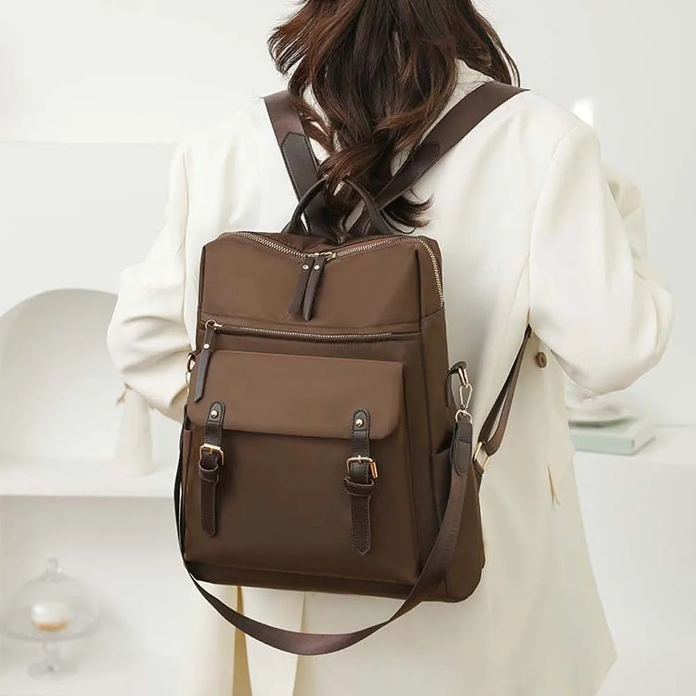 

Elegant Soft Nylon Backpack Korean Style Multi-pockets Anti-theft Design Backpack Magnetic Buckle Solid Color