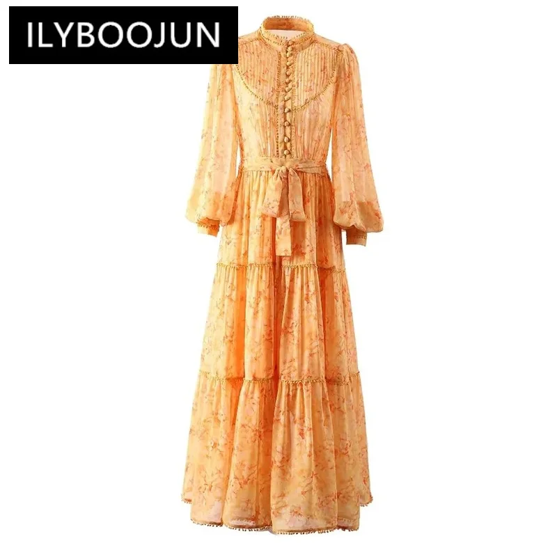 

ILYBOOJUN Fashion Runway Spring Dress Woman Lantern sleeve Flower print Vintage Vacation Party Long Dress