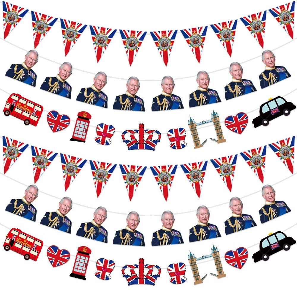 

King Charles III Coronation Union Jack Crowns Bunting Banner Set Vibrant Colors British banners for Party Hanging Decoration