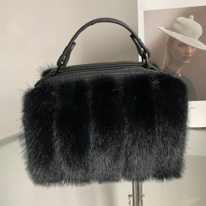 Mink Fur Bag Female Black White Handbag Real Mink Fur Shoulder Bags Crossbody Bags For Women Winter Furry Messenger Hand Bags