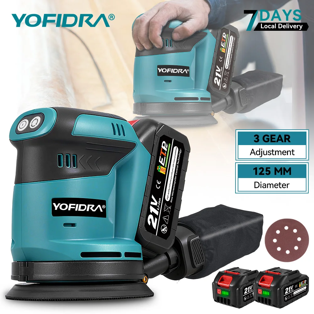 YOFIDRA 125MM 3-Gang Elektrischer Exzenterschleifer Kabelloser Polierer Schleifmaschine Holzbearbeitungs-Elektrowerkzeug für Makita-Akku