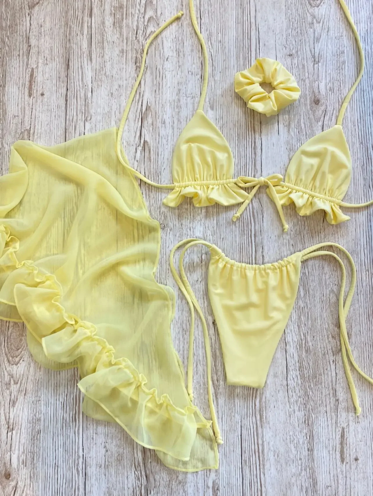 

3 Pieces Swimsuit Lady Yellow Bikini Set With Mesh Bikinis 2024 Outfit Sarong Swimwear Beachwear Push Up Bathing Suits Summer
