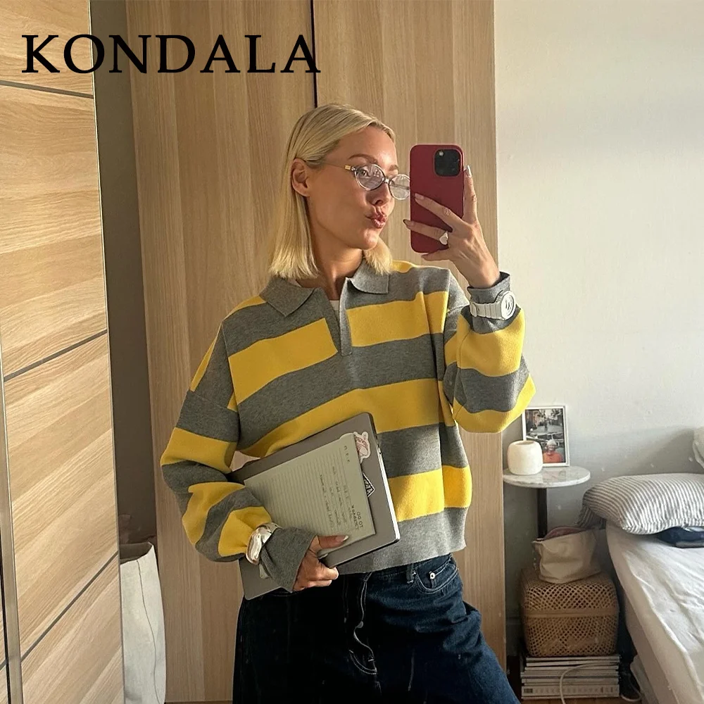 

KONDALA 2025 Fall Winter Striped Knitted Women Shirts Fashion Casual Pullover Turndown Collar Halloween Ladies Chic POLO Shirts