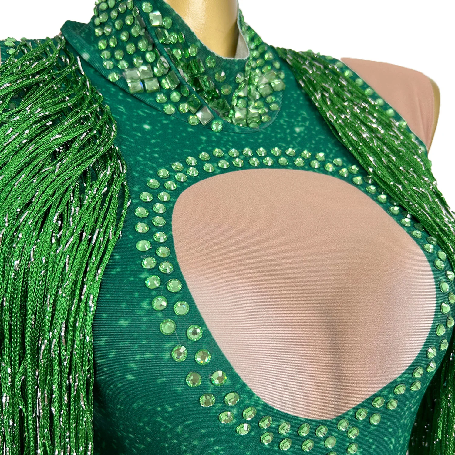 Sparkly Green Rhinestones Fringes Leotard for Women Sexy Show Performance Bodysuit Nightclub Outfit Dancer Stage Wear Fangkuai