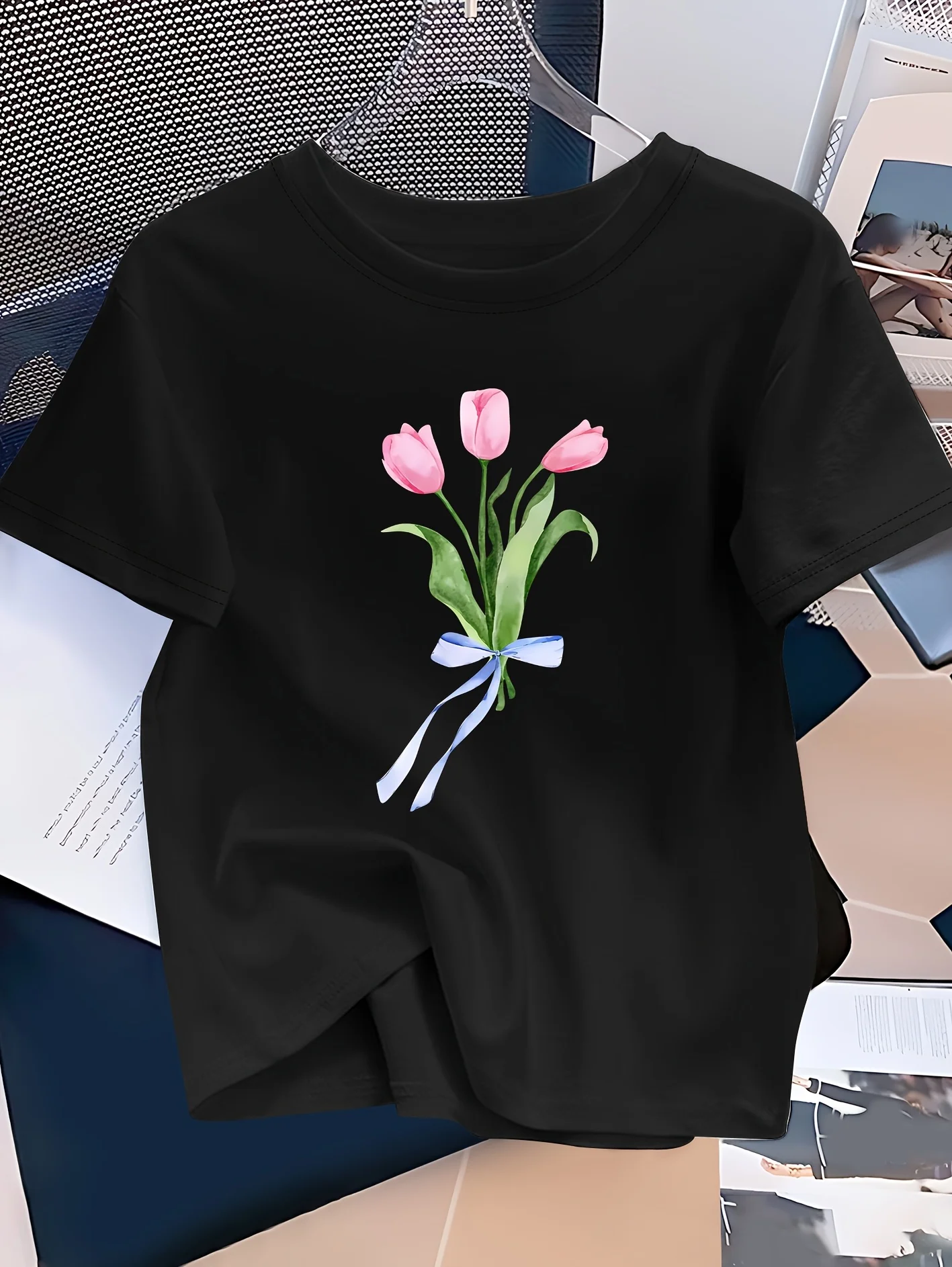 Women's Casual Crew Neck T-Shirt Pink Tulip and Bow Print Soft Stretch Fabric Short Sleeves Four Season Fashion Top Graphic Y2K
