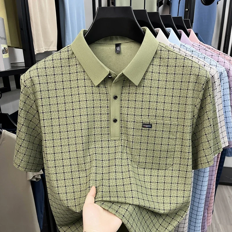 All Season Basic Geometric Print Male Polo Short Sleeve Smooth Cloth Home Rest Daily Commute Leisure Garment