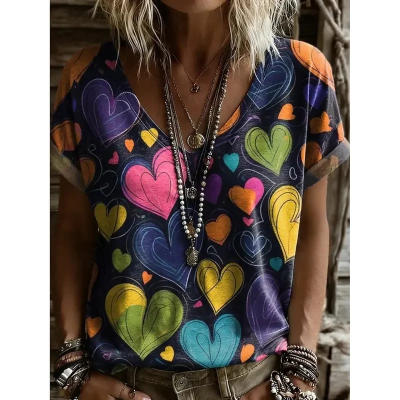 Women's T-shirt with V-neck, 3D Print, Spring-Summer, Black Base, Hand-drawn Colorful Heart Design
