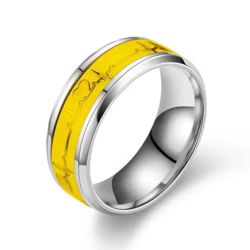 Luminous Electrocardiogram Inlay Yellow Background Stainless Steel Ring Size 6-10