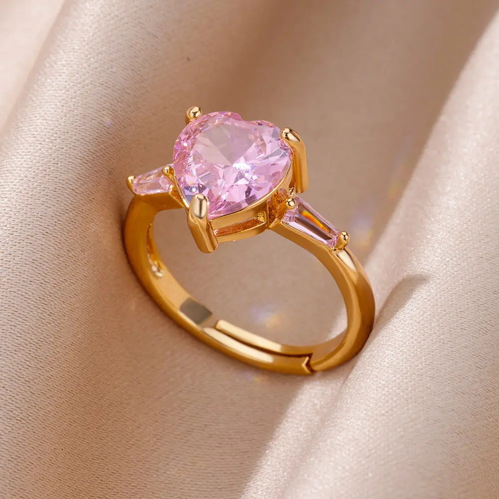 Pink Zircon Heart Rings For Women Gold Plated Stainless Steel Adjustable Heart Ring 2024 Trend Wedding Aesthetic Jewelry Gift