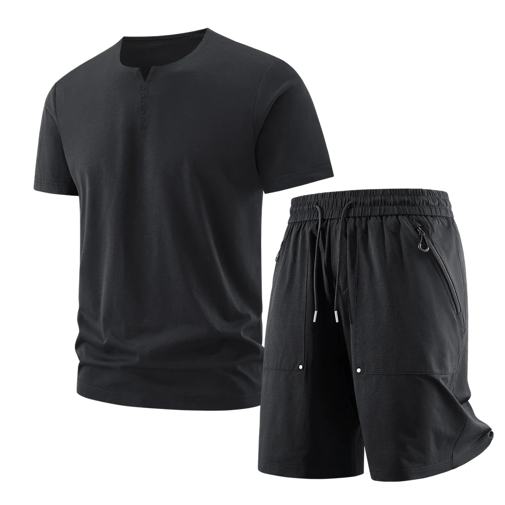 

Мужской летний повседневный комплект: футболка с воротником хенли и коротким рукавом + шорты с завязками на талии и карманами на молнии, 2 предмета, быстросохнущие