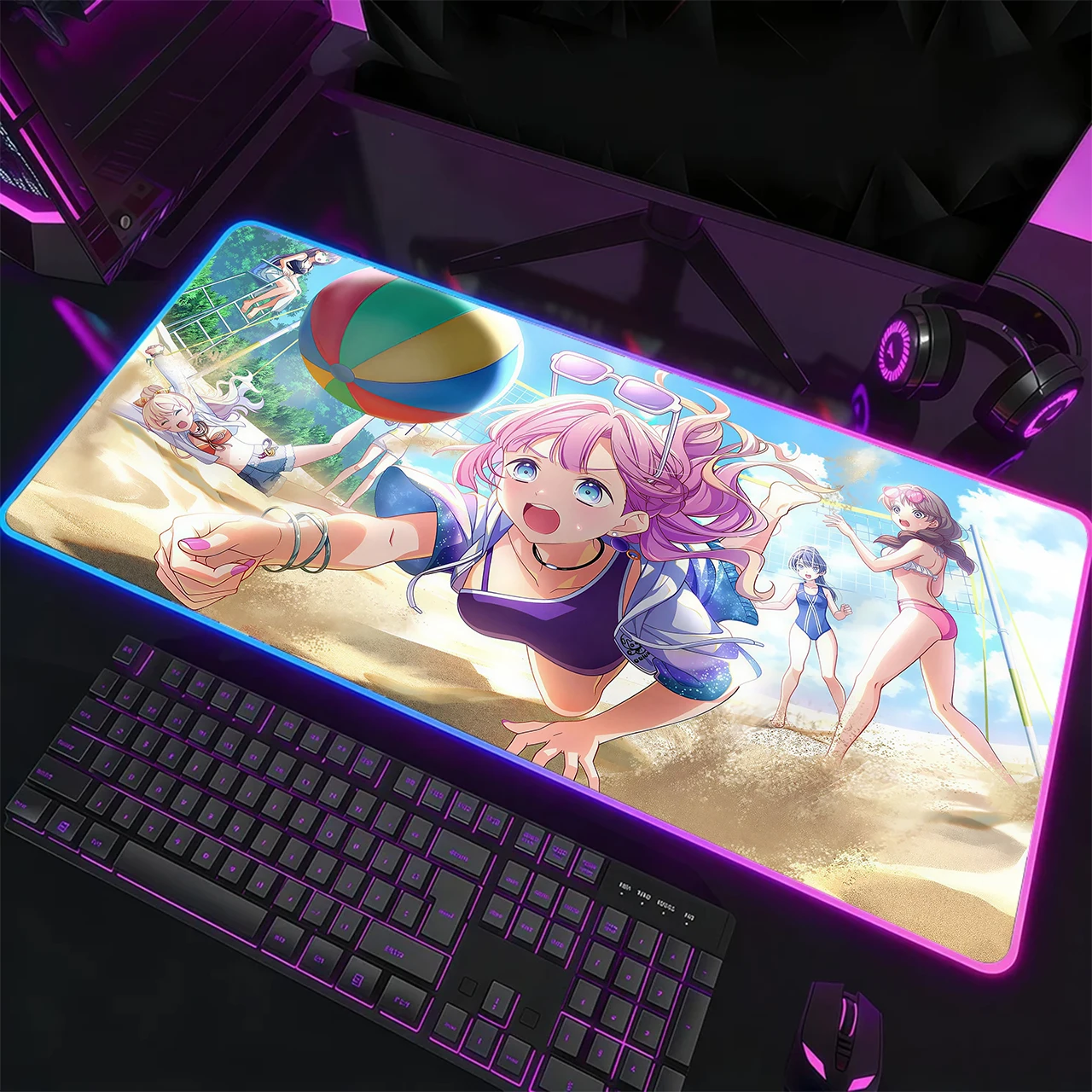 RGB Gaming Mouse Pad, XXL LED Desk Mat, Glowing Edge, Anti-slip Base, Pink Hair Girl Net Park Ferris Wheel Print Table Mat