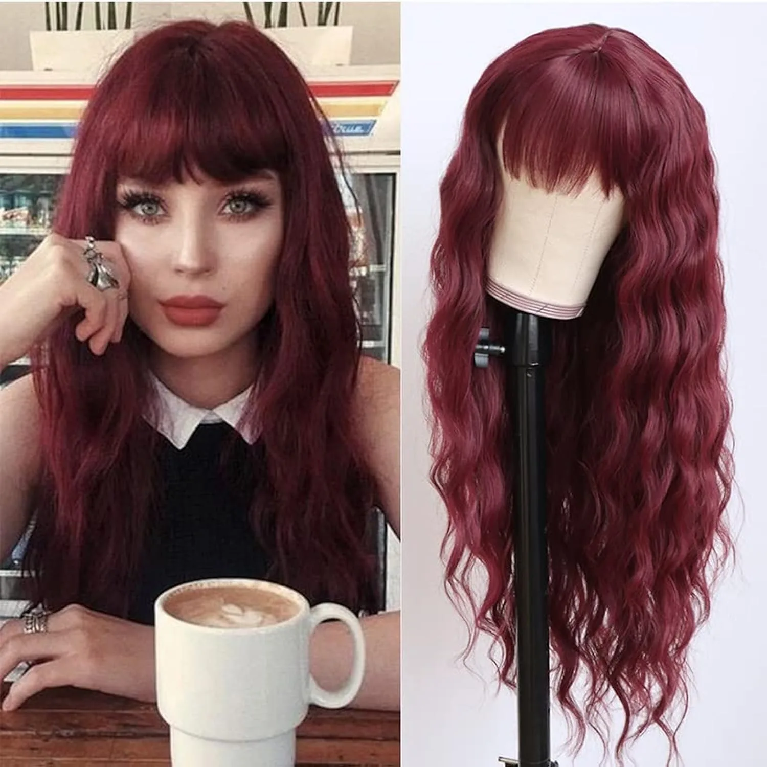 

Burgundy Soft 32 Inch Long Silky Straight Lace Front Wig With Bangs 99j 180Density For Women High Quality Cosplay Party Wear