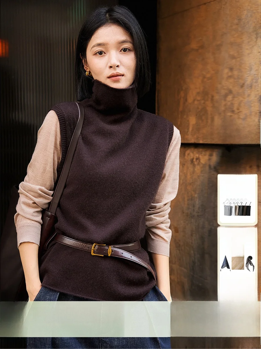 

Женский вязаный жилет Ele с высоким воротником из шерсти и кашемира, новый, мягкий, теплый, для повседневной носки, модный элемент для многослойных образов