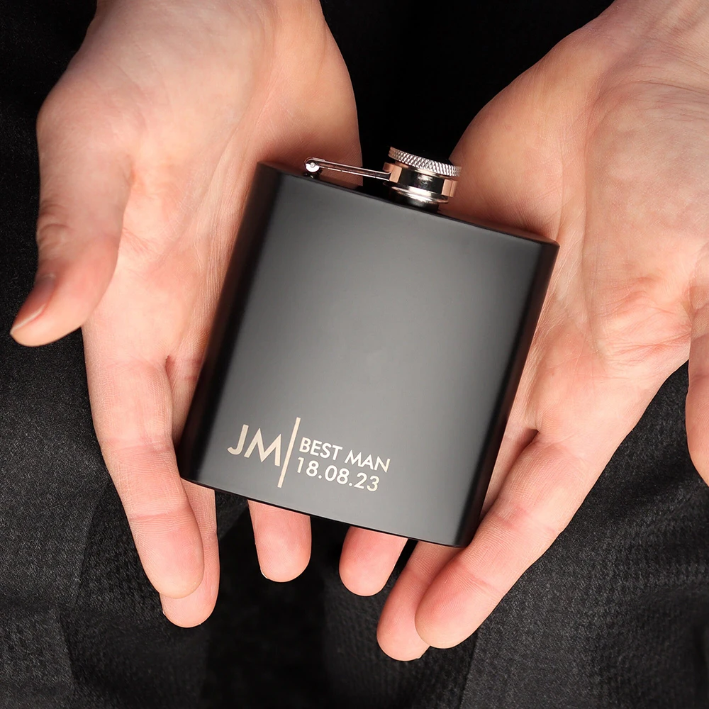 Custom Groomsmen Gift Engraved Best Men Black 6oz Hip Flask with Gift Box Set Personalised Gift for Him Fathers Day Dad Gift