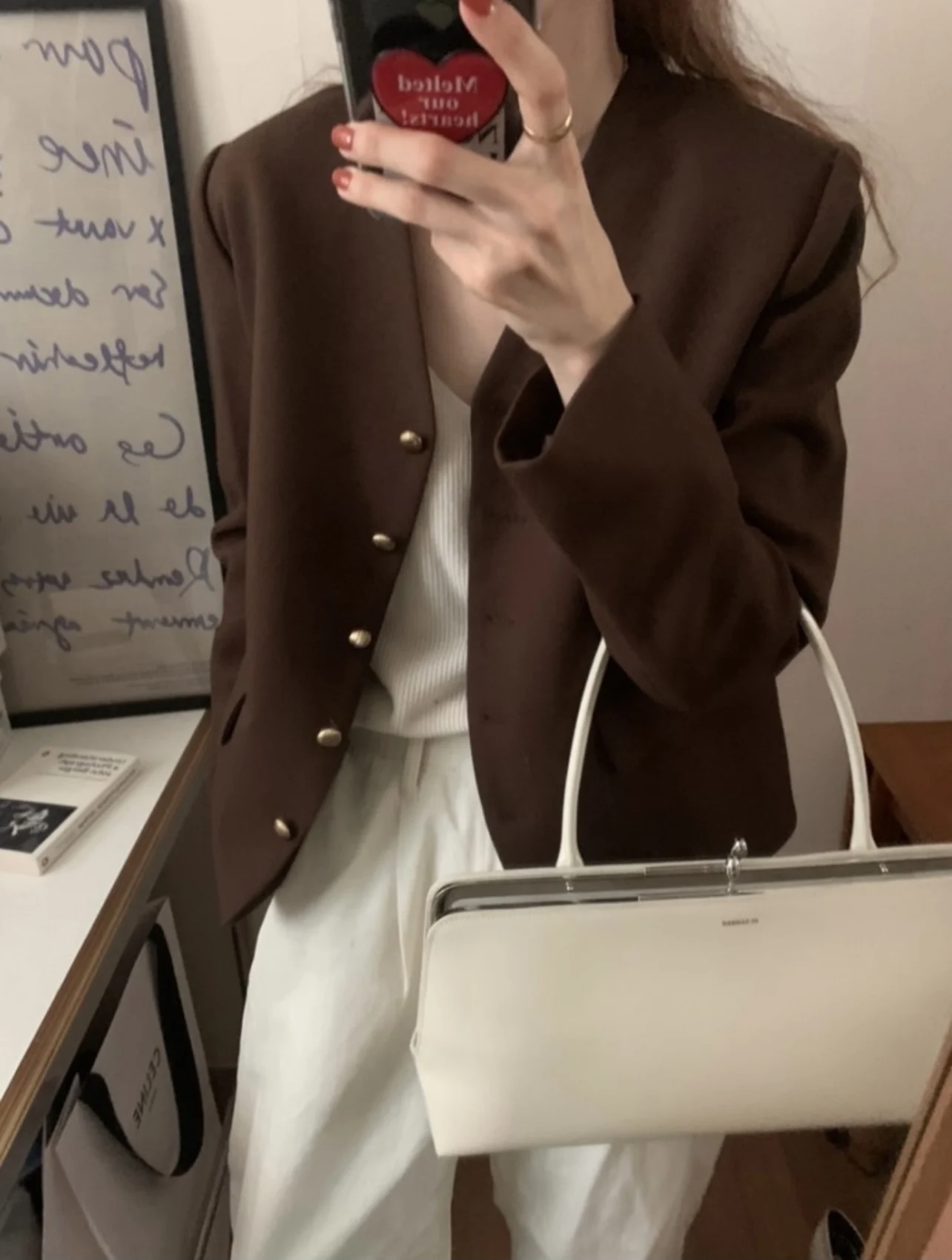 Korean Style Chic Vintage Niche V-Neck Coat Autumn and Winter Metal Button Casual Dark Brown Short Suit Jacket Office Lady Top