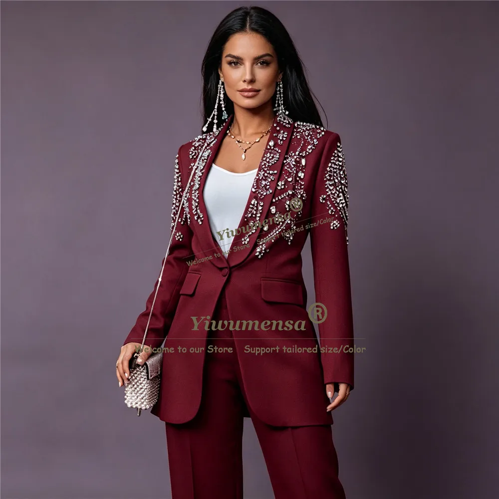 Bride's Mother Dress Diamond Beaded Suits Women Customized Single Breasted Prom Blazer Pants 2 Piece Sets Lady Business Clothing
