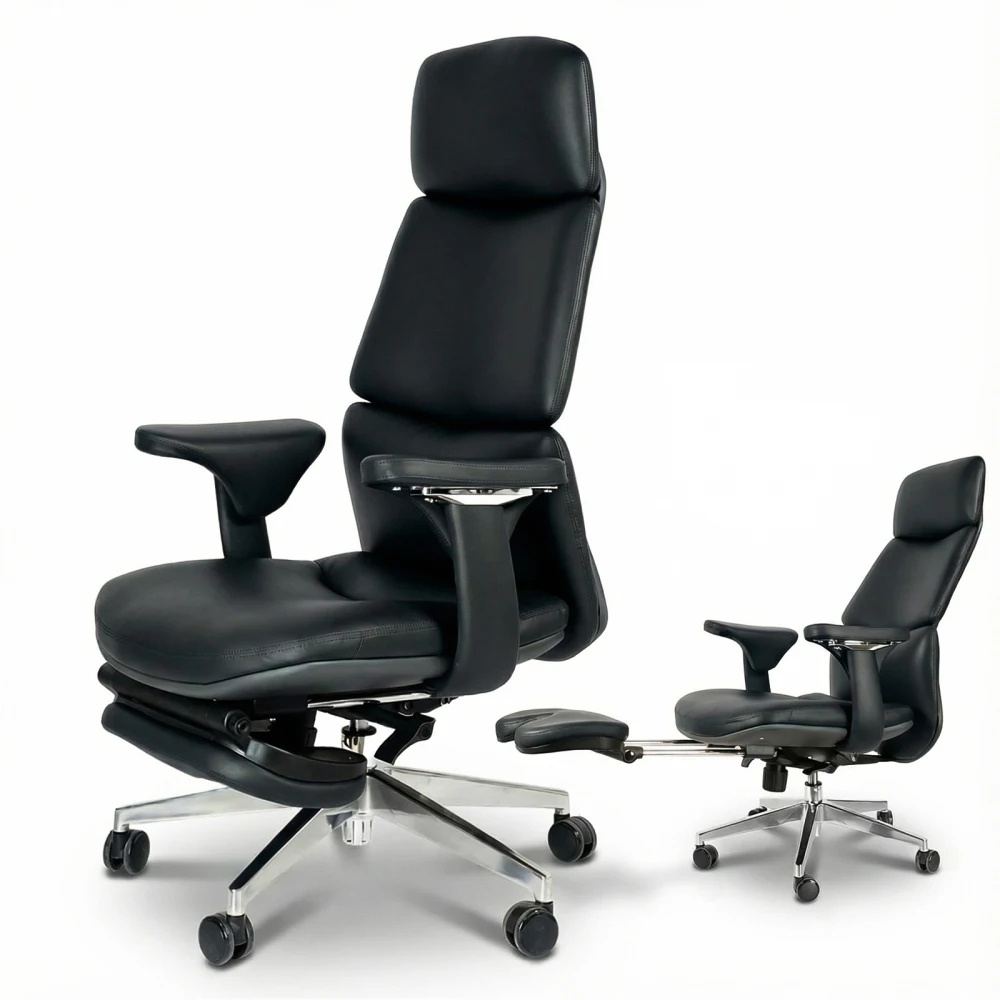 Genuine Leather Executive Office Chair 400LBS High Back Lumbar Support Adjustable Tilt Flexible Footrest Black Office Furniture