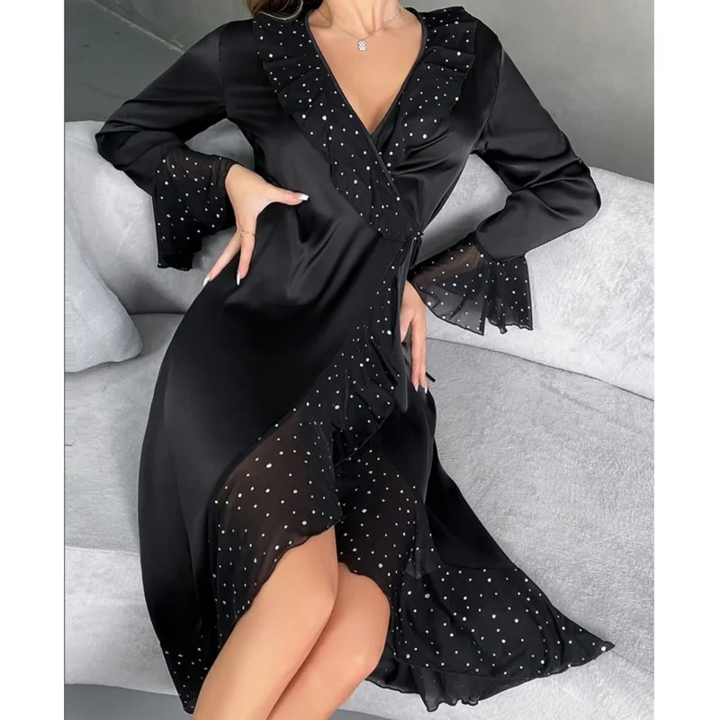 

Fashion Elegant Wedding Dresses For Women Ruffle Edge Silk Satin Sleepwear Robe Long Sleeve Spring Summer Kimono Bathrobe