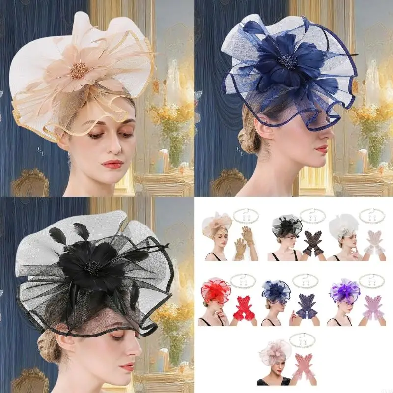 

Lace Flower Fascinator Headwear Necklace Gloves Set for Women Horse Racing Festival Headpiece Hair Accessories