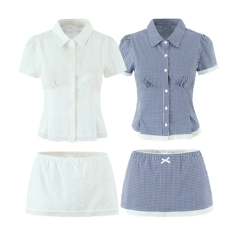 

BMURHMZA women's wave lace patchwork lapel slim fit plaid shirt summer new product elastic waist mini skirt