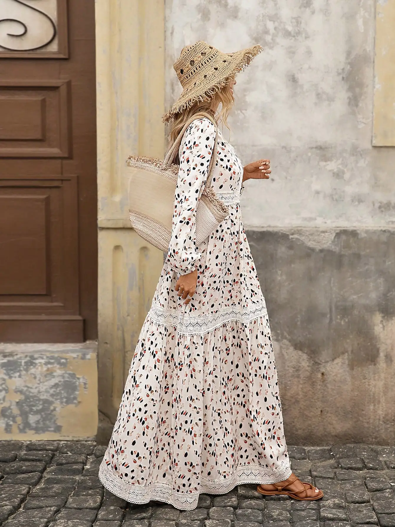 

Women's V-Neck Ruffle Trim Lantern Sleeve A-Line Floral Print Maxi Dress