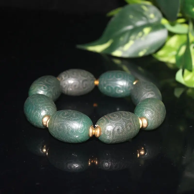 

Браслет из старых агатовых бусин, зеленый агатовый рулон, облако, узор, выпуклые бусины, браслет, браслет