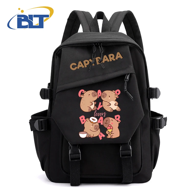 Cute Animal Capybara Printed Student Backpack Black Girls Backpack Primary and Secondary School Students Gift