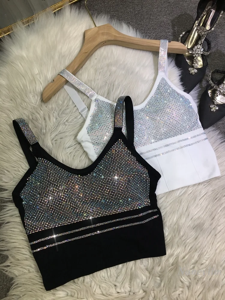 

European Heavy Embroidery Hot Drilling Beauty Back Camisole with Chest Pad Underwear Sports Outerwear All-Match Y2k Top