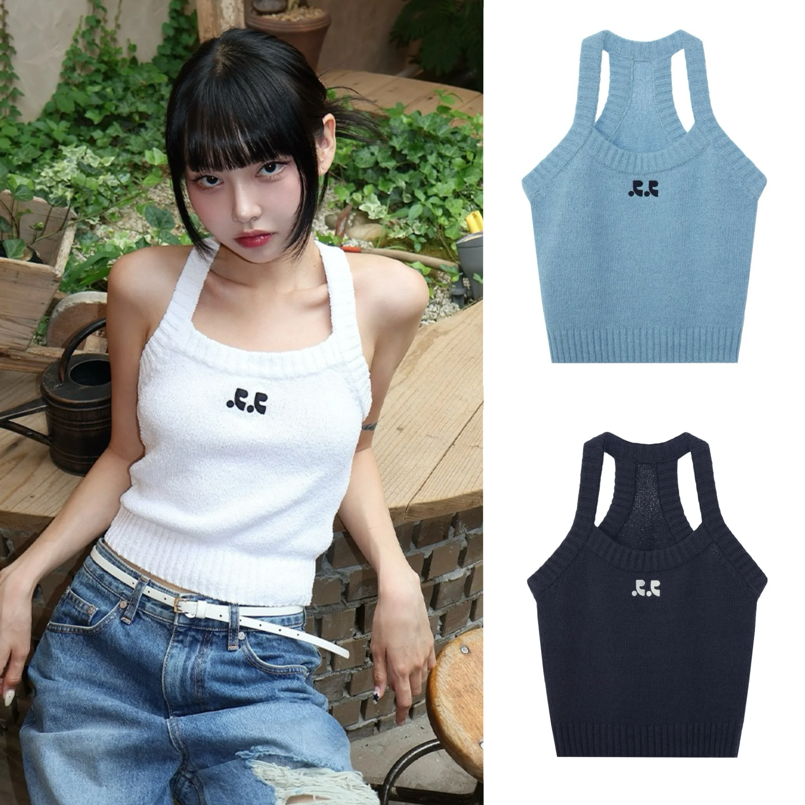 Damska dzianinowa kamizelka typu slim fit RR z odkrytymi ramionami, bawełniana, w stylu koreańskim, casualowa, 100% bawełna, letnia moda.