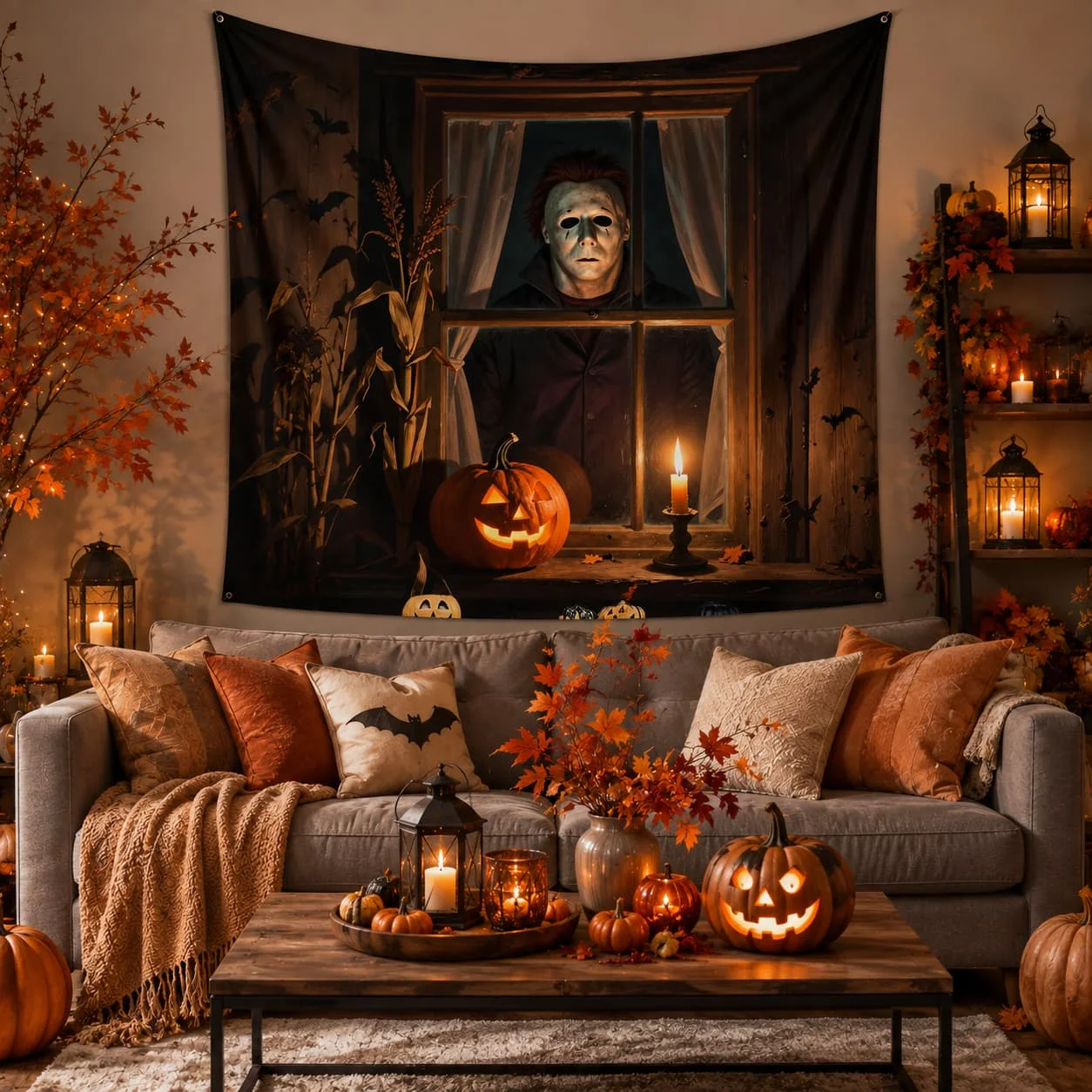 2D Flat, 2D Flat 1pc Banner Happy Halloween Overlay Window Cover Decoration Hanging Party Banner, Mysterious Masked Figure Outside the Window, Glowing Jack-o'-Lantern, Autumn Vintage Nostalgic Style Theme, Suitable for Outdoor and Indoor Use