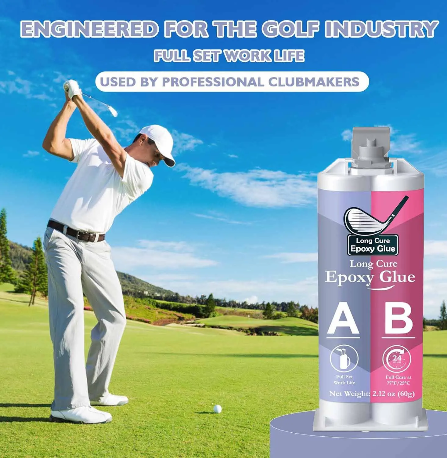 Long Cure Epoxy Glue for Golf Club Repair, High Impact & Waterproof AB Adhesive, 24H Full Cure, 60g
