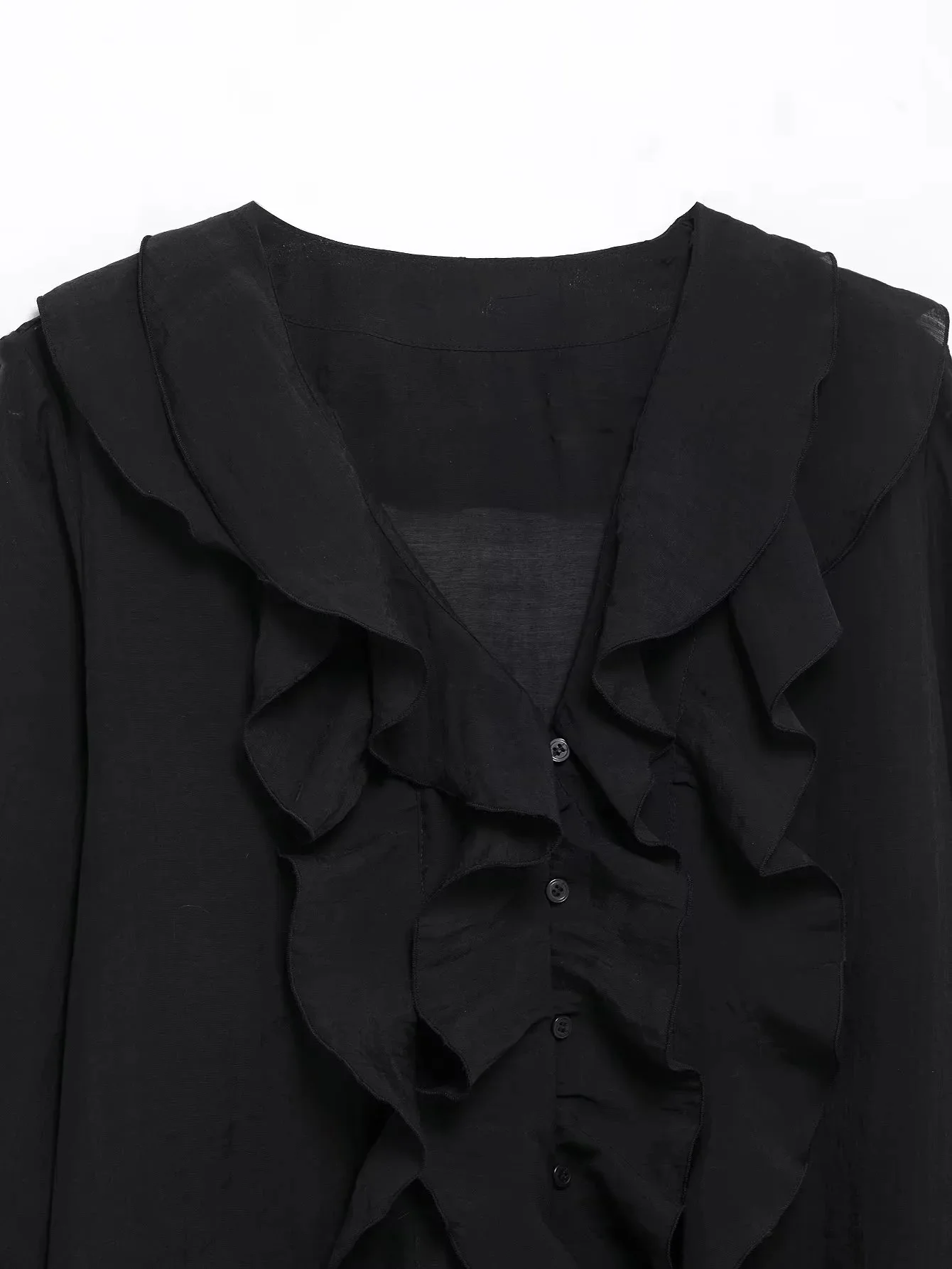 HH Damen Elegante Dünne Einfarbige Sommer-Bluse mit Rüschen, V-Ausschnitt und Puffärmeln, Lässige Damenbluse für Frühling 2026 und Abschlussfeier – Detail 15