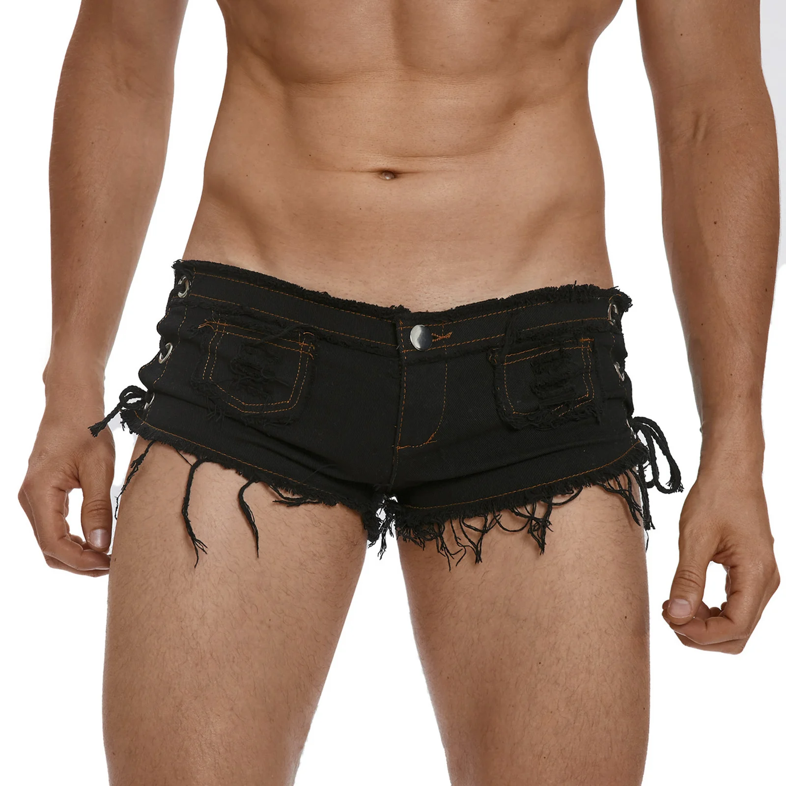 

Men Women Low Rise Hot Pants Lace-up Wet Look Denim Shorts Male Sissy Jeans Party Club Pole Dance Costume Clubwear Beachwear