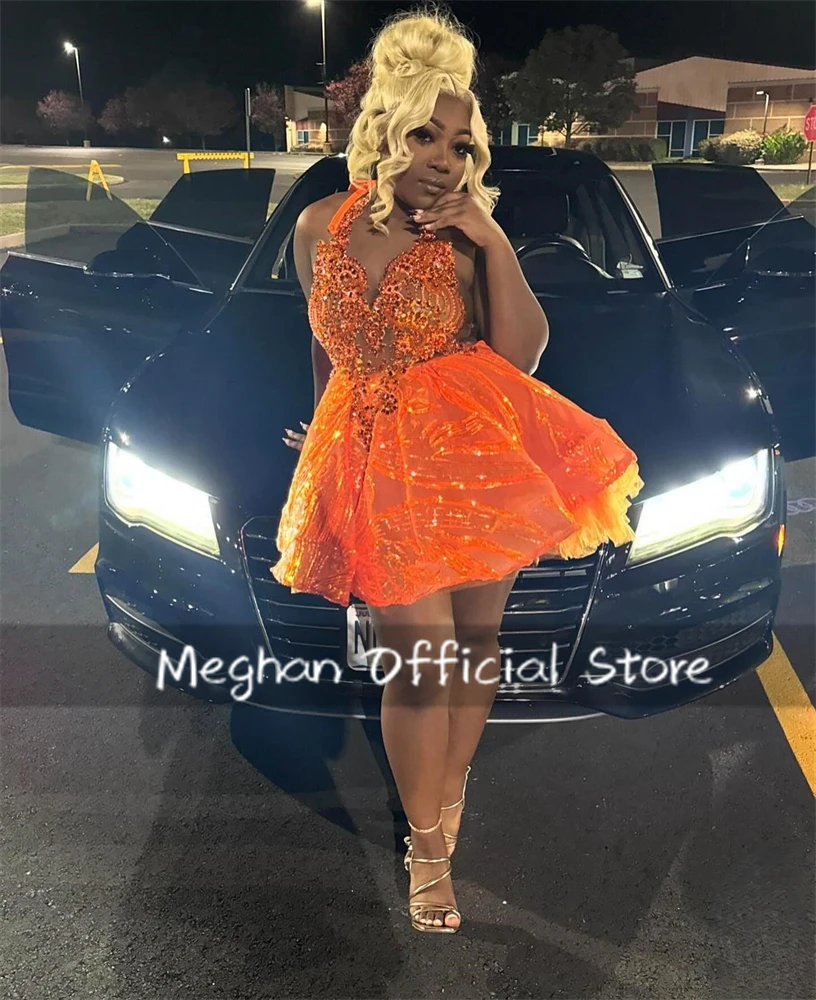 Orange Halter Prom Dresses Short Bead Crystal Appliques 2025 Birthday Luxury Dress Black Girl Ball Gown Mini Cocktail Customized