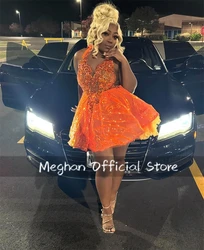 Orange Halter Prom Dresses Short Bead Crystal Appliques 2025 Birthday Luxury Dress Black Girl Ball Gown Mini Cocktail Customized